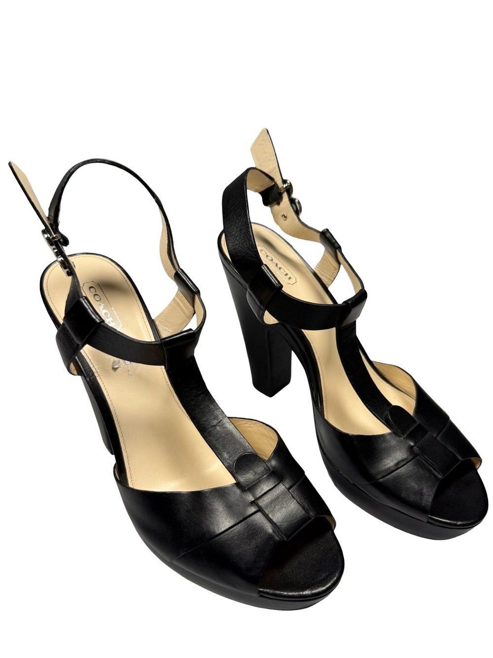 Coach Kourtney Platform Sandals Womens 10 B Black Leather T Strap Block Heels